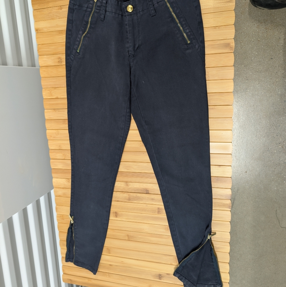 Navy Pants with Gold Zipper Accents